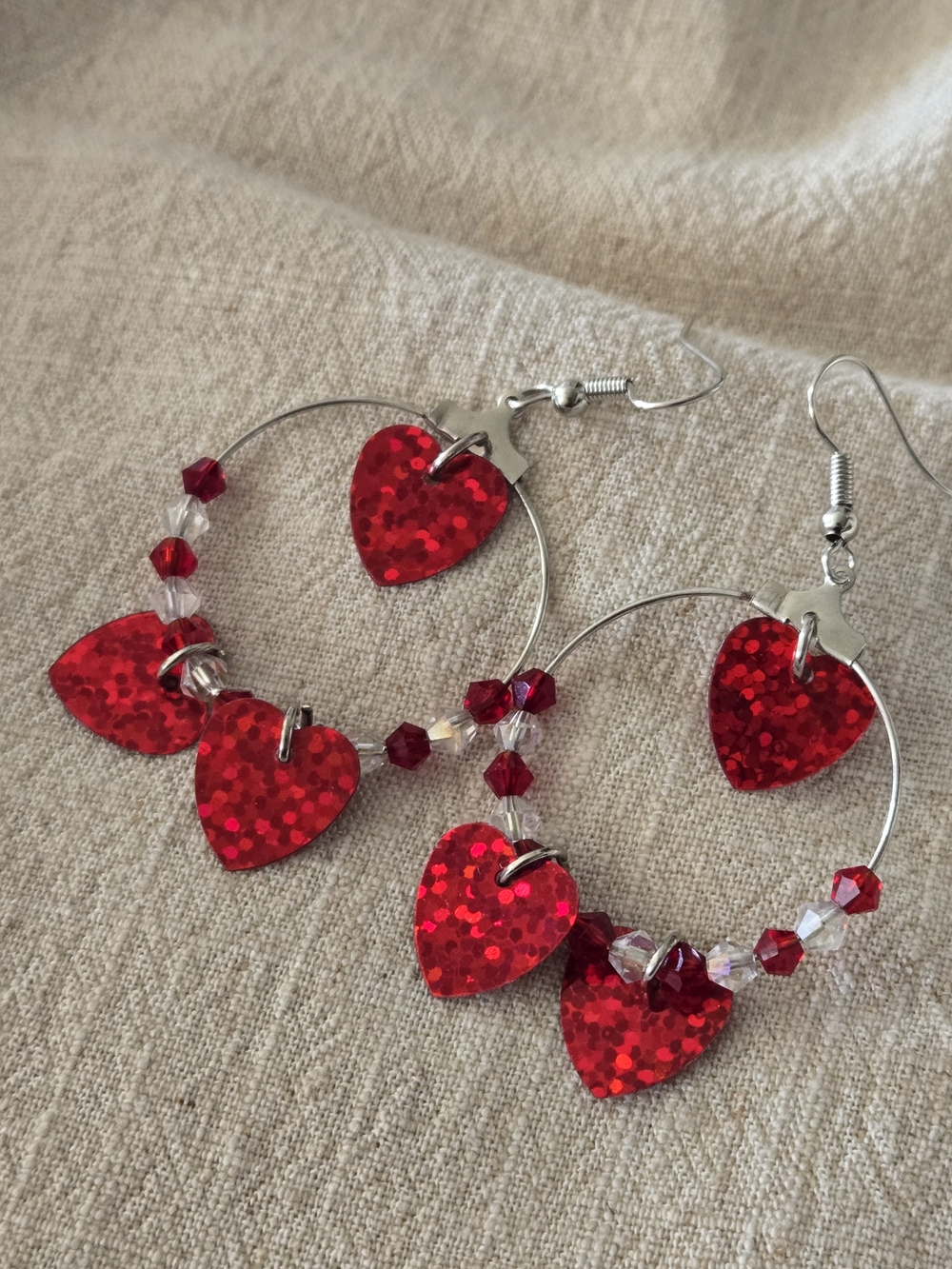 Red Holographic Heart Hoop Earrings , Heart Dangle Earrings